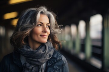 Portrait of a beautiful middle-aged woman with gray hair in the city