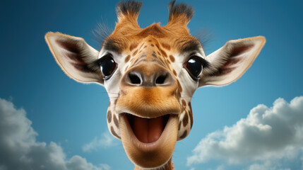 A smiling giraffe is looking at the camera.