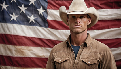 Texas Cowboy male portrait standing by American flag background with copy space. Proud western US United states of America citizen