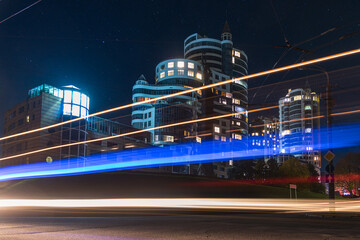 Starry sky in the city. Panoramic view. Ukrainian city under the stars. Natural night view in the...