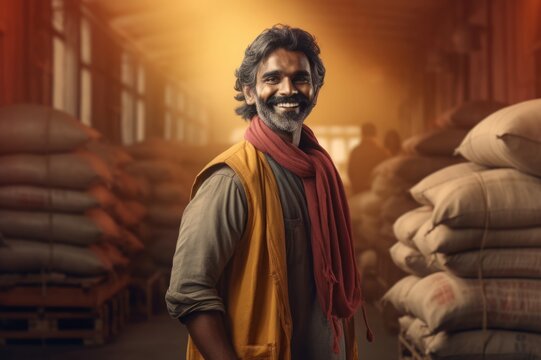 Indian farmer happy smile carrying sack. Spring soy sun plantation market. Generate Ai