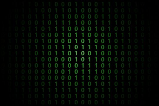 Green binary code on black background. 3D illustration image.