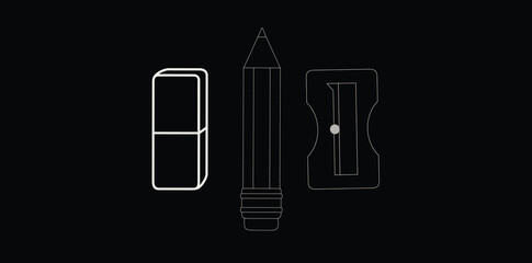 School Supplies Set in Thin Line Style, Pencil, Sharpener And Eraser Icons On Black Background.