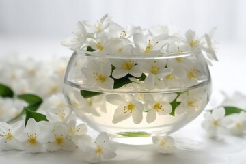 Jasmine flowers in glass bowl. White floral blossom composition on white table. Generate ai
