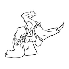 Aikido combat between athletes, stylized vector illustration
