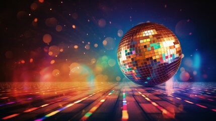 Disco ball with bright rays, night party background,copy space