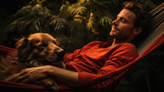 Attractive rich man relaxing in hammock with dog in garden, best friends