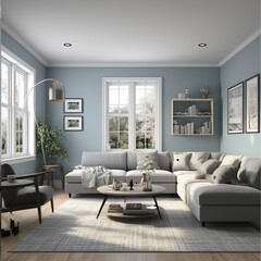 Fototapeta premium a living room with muted blue walls, gray wood panel floors, viewed from the 1st person perspective with 3 walls in frame, the right wall contains two windows with curtains,and a fireplace