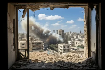 Zelfklevend Fotobehang Bombing and destruction, view from windows © Ziyasier