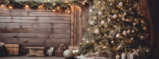 Natural rustic and gold Christmas Decor. large decorated christmas tree, wooden. banner. a lot of lights on the background. Scandinavian style. cosy, soothing neutral tones and natural materials. Ai