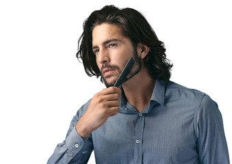 Hair care, beard comb and man with cosmetics, salon treatment and barber cleaning isolated on a...