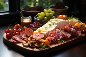 Cheese and charcuterie platter in a kitchen. - 675729825