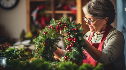 Crafting Inspiration: Woman Making Christmas Wreath Close-Up