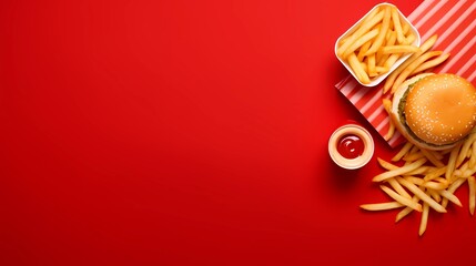 top view of fast food on red background with copy space, Generative AI
