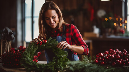 Creative Holiday: Woman Crafting Christmas Wreath Up Close