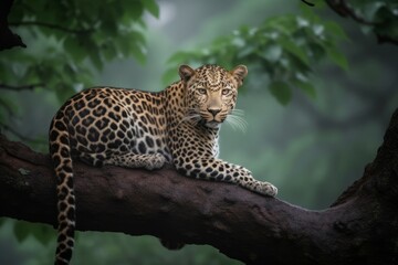 Leopard tree branch in forest. Hunter nature africa safari big feline. Generate Ai