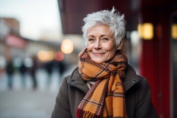 Portrait of a senior woman in a coat and scarf in the city