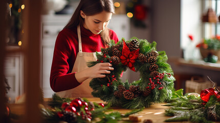 Crafting Magic: Woman's Close-Up Christmas Wreath Creation