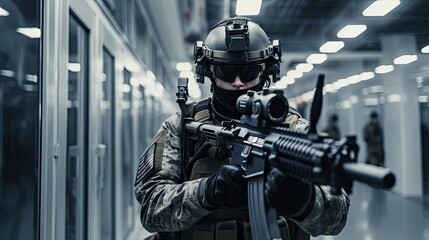 Military man on a special operation or wa - obrazy, fototapety, plakaty