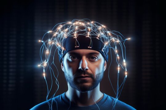 Man with brain electrodes futuristic helmet. Human intellectual research and capabilities monitoring. Generate ai