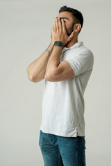 Close-up photo portrait of upset office worker fired businessman in depression, man with closed eyes