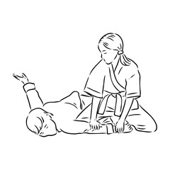 Aikido combat between athletes, stylized vector illustration