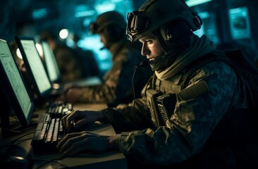 Military team defuses computer technology. Military digital operation for enemy deactivation. Generate ai - obrazy, fototapety, plakaty