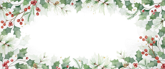 Watercolor Christmas background with green leaves and holly berries. Winter template for greeting cards, cover, flyer, postcard design, New year invitations, wedding. Transparent background.