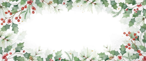 Watercolor Christmas background with green leaves and holly berries. Winter template for greeting cards, cover, flyer, postcard design, New year invitations, wedding. Transparent background.