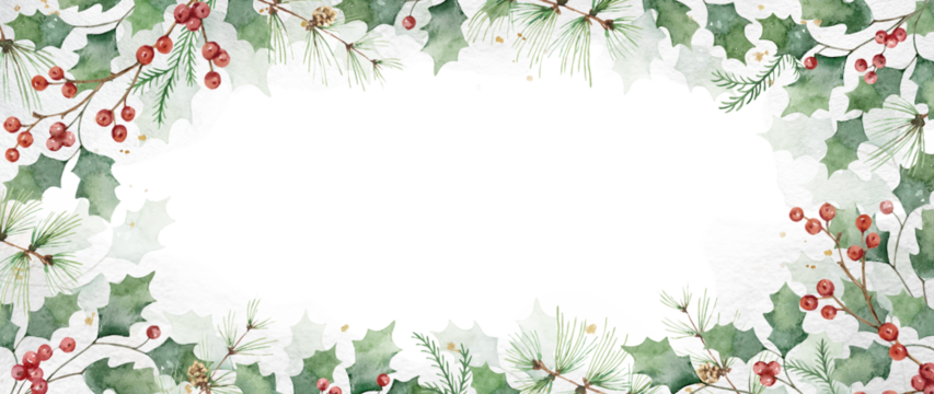 Watercolor Christmas background with green leaves and holly berries. Winter template for greeting cards, cover, flyer, postcard design, New year invitations, wedding. Transparent background.