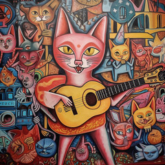 群衆の前でギターを弾くピンクの猫。アートキャット。シュール。ポップ。