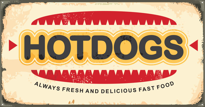 Retro hot dog sign for fast food restaurant. Vintage diner advertising sign post. Vector illustration.