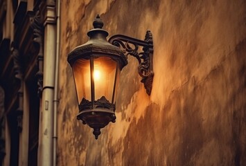 Lamp lightning on old street. Glowing lantern on urban historical wall avenue. Generate ai