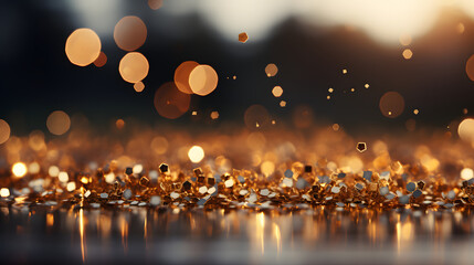 Fototapeta na wymiar the Abstract blur golden bokeh lighting from glitter texture Background - natural bokeh and bright golden lights. Vintage Magic background with colorful - Abstract background with gold particle - Ai