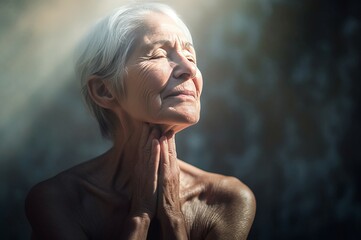 Old woman meditation breathing ritual. Elderly lady deeply meditating release. Generate ai - obrazy, fototapety, plakaty