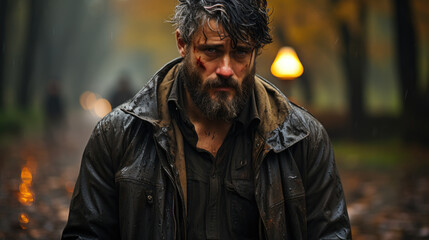 Obraz premium Generative ai illustration of sad man standing under rain