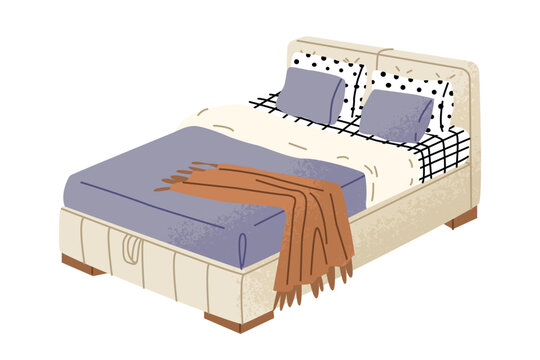 A large empty double bed with soft beige upholstery and stylish, modern linens. Bedroom decor, cozy home interior. Isolated vector illustration in cartoon style.