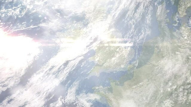 Zoom in from space and focus on Aberystwyth, United Kingdom. 3D Animation. Background for travel intro. Elements of this image furnished by NASA