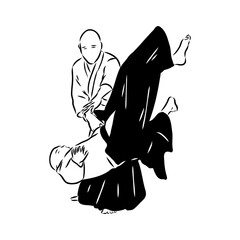 Aikido combat between athletes, stylized vector illustration