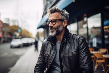 Handsome bearded man in glasses and leather jacket on the street.