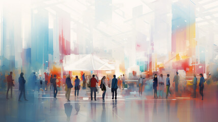 blur people in exhibition hall event trade show expo background. - obrazy, fototapety, plakaty
