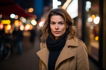 Beautiful young woman walking in the city at night, looking at camera.