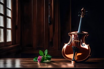 Artistic shot of a single viola in a copper metal vase, placed near a window, minimalist design, wooden surface background