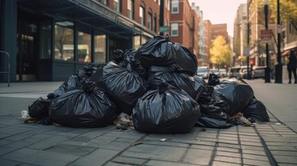 Black garbage bags piled up on the city sidewalk.