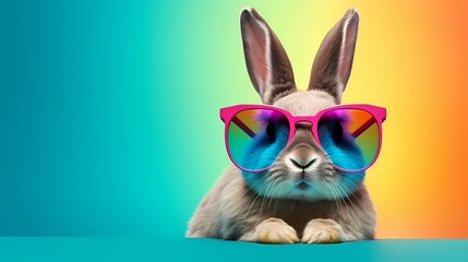 beautiful bunny with sunglasses on colorful background, Generative AI - obrazy, fototapety, plakaty