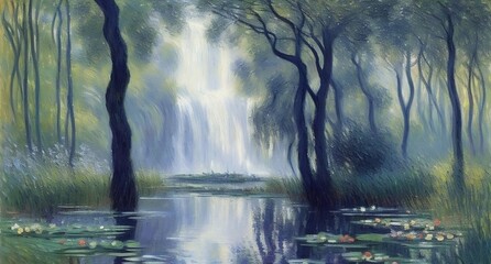 impressionist oil painting of waterfall in the serene forest painting