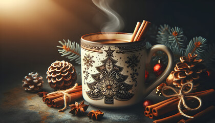 A cozy Christmas mug with a hot drink, surrounded by pine branches, cinnamon sticks, and pine cones, invoking a warm holiday spirit