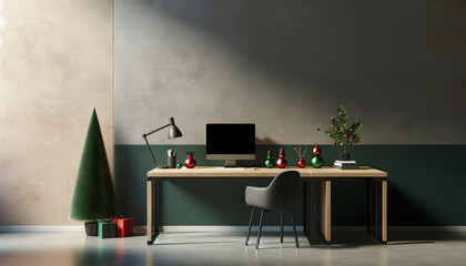 A modern office desk setup with Christmas decorations, including a small tree, ornaments, and gifts, against a textured wall.