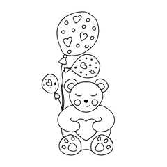 Hand drawn cute teddy bear with three balloons on strings with a pattern of hearts, dots, stars shapes. Doodle Love symbols holiday clipart. Valentine's Day concept. Isolated on white background