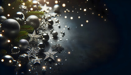 A collection of elegant Christmas ornaments and glittering stars spread across a dark background, illuminated by twinkling lights